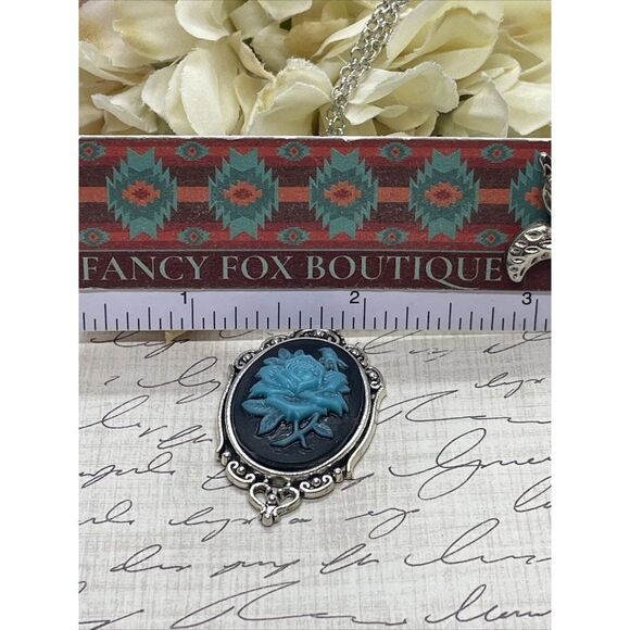 Cameo Necklace Turquoise Rose Wedding Jewelry Black Gothic Anniversary Easter - Picture 11 of 13